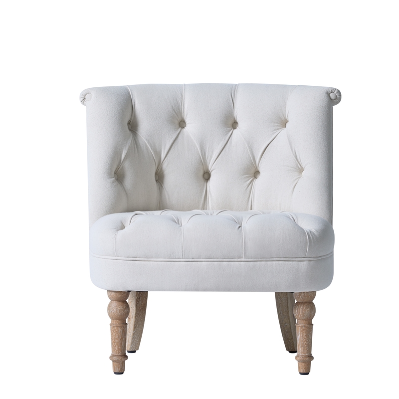 55cm Height White Button Tufted Fabric Occasional Chair With Solid Wood Base